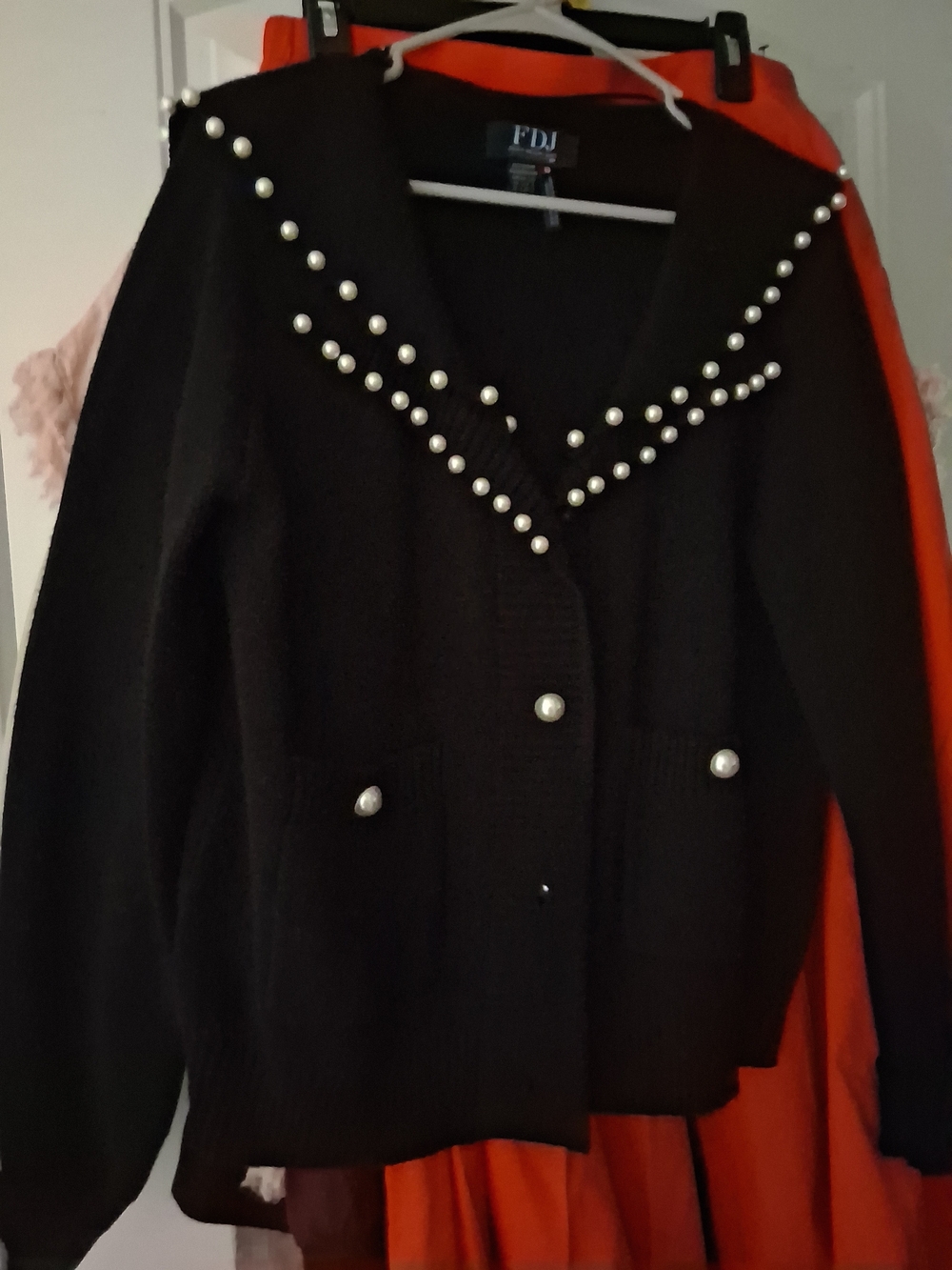 Beulah Black Cardigan Sweater with Pearl Trim